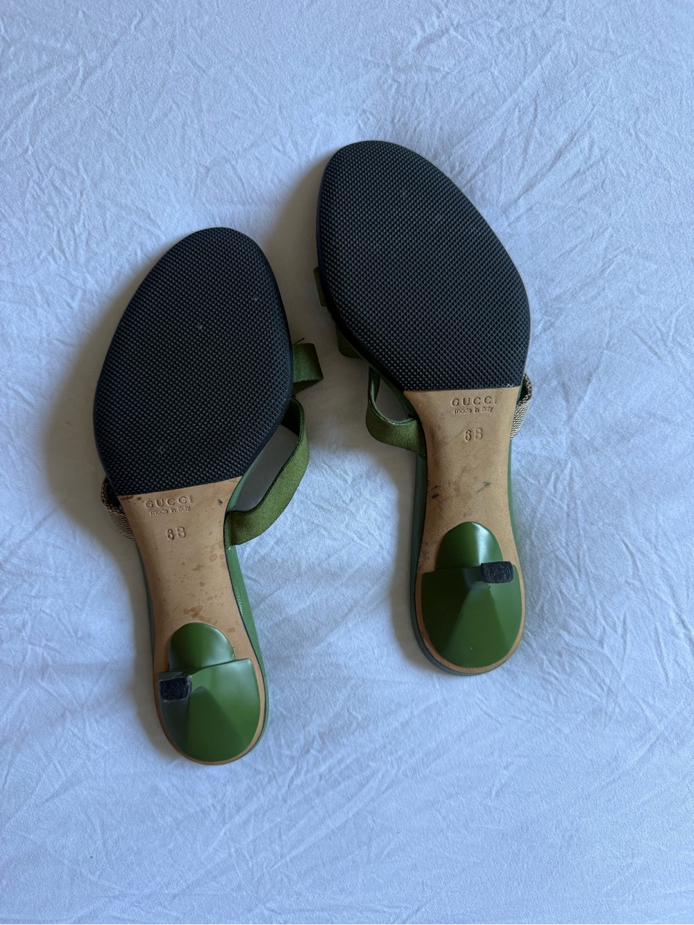 Gucci Tom Ford era Green/Brown GG Canvas with Suede mules/sandals on kitten heel - Picture 5 of 16